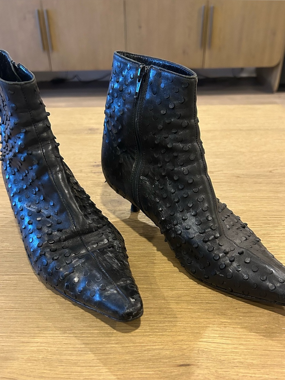 Vintage FW 2004 Helmut Lang Black Ankle Boots Ostrich Embossed Kitten Heel